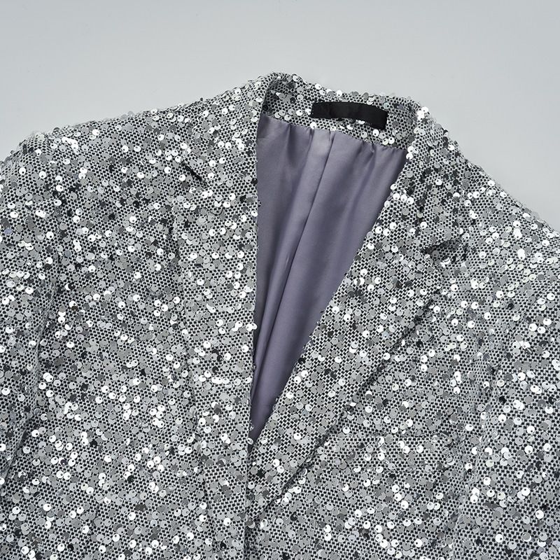 Blazer Sportsfrakk For Menn Slank Individuality Paljett To Knapper Klapplommer Flat Krage - Sølv