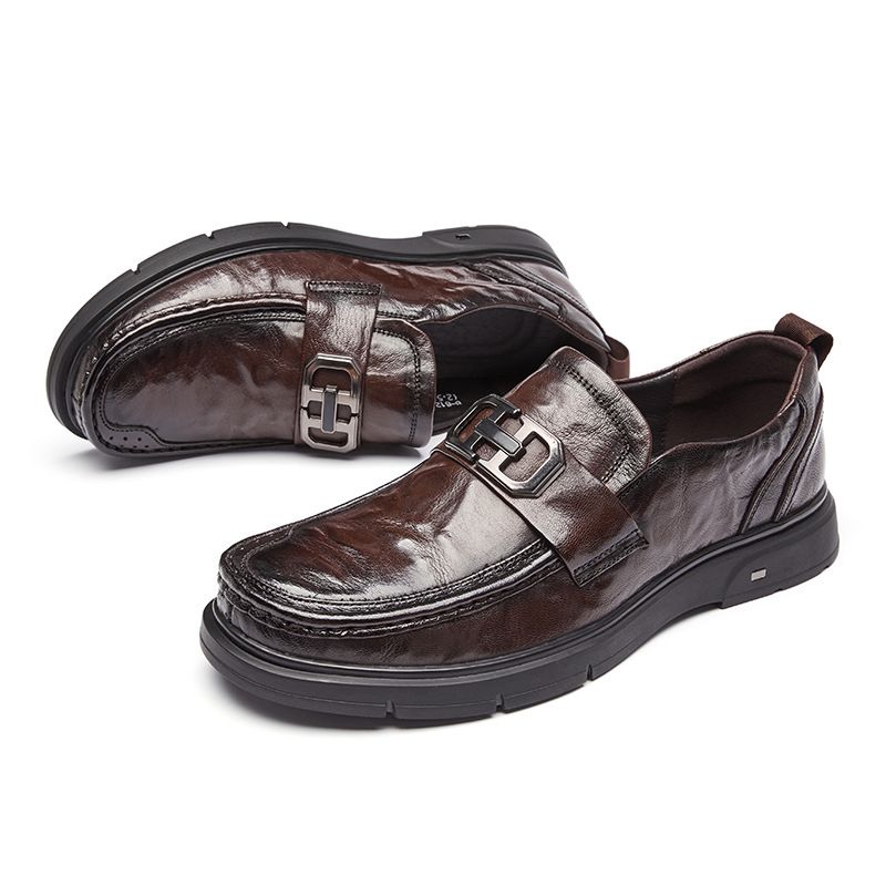 Formelle Menns Sko Loafer Retro Rund Tå Cow Skinn Metallspenne