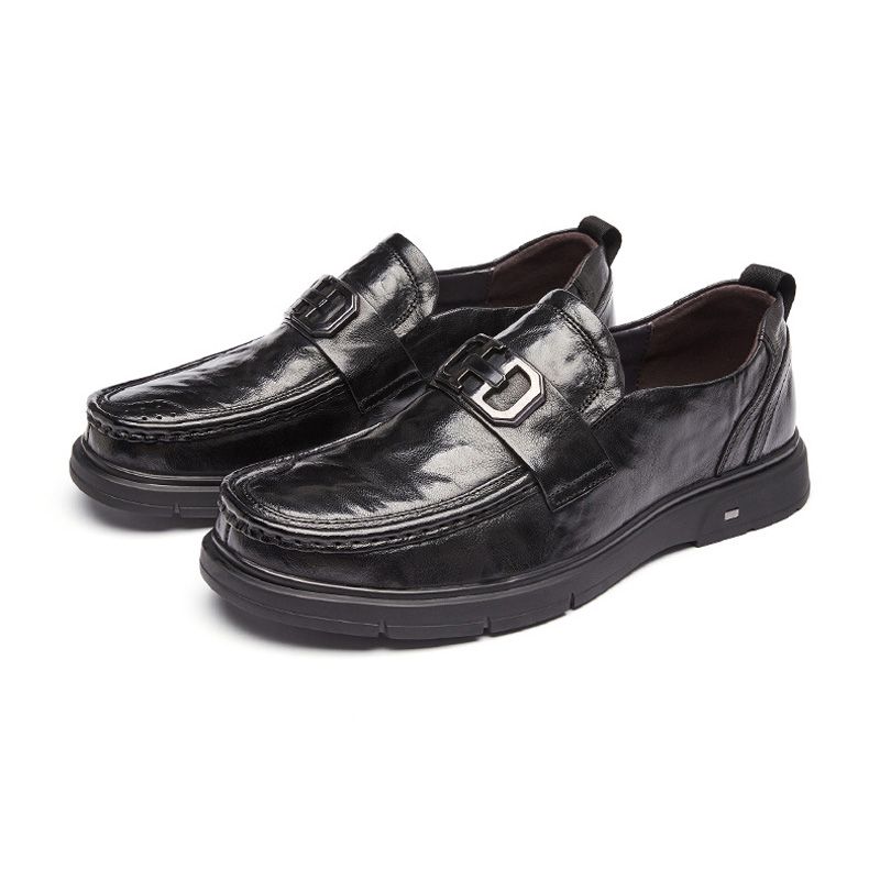 Formelle Menns Sko Loafer Retro Rund Tå Cow Skinn Metallspenne - Svart