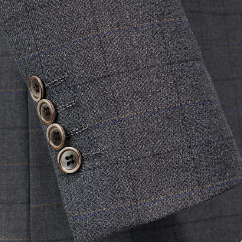 Herredrakt 3-delt Rutete Mønster Slim Business Moderne To Knapper Flat Krage - Grå